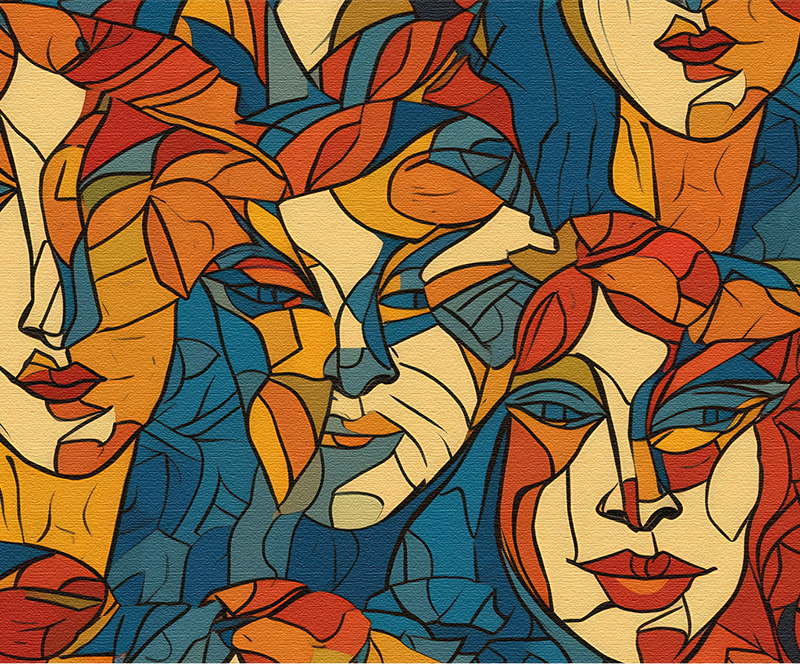 Harmony of Three Faces: Mosaic Masterpiece in Yellow and Blue