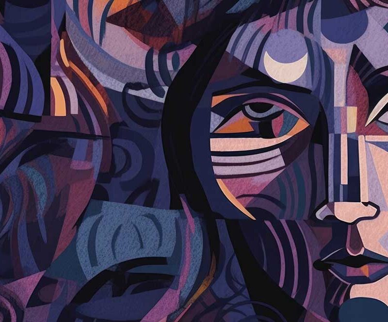 Elegance in Mosaic: A Woman's Portrait in Purple and Dark Blue